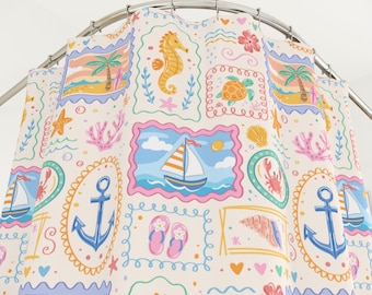 Beach Memories Seaside Bathroom Set, Coastal Shower Curtain & Bath Mat, Beach House Bath Decor, Vintage Nautical Curtain and Rug