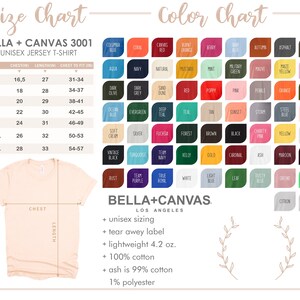 May include: A size chart and color chart for Bella + Canvas 3001 unisex jersey t-shirts. The chart shows the chest, length, and chest-to-fit measurements in inches for sizes XS to 3XL. The color chart shows a variety of colors, including blue, green, red, yellow, and black.