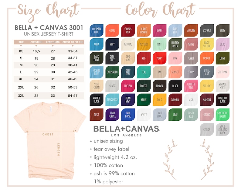 May include: A size chart and color chart for Bella + Canvas 3001 unisex jersey t-shirts. The chart shows the chest, length, and chest-to-fit measurements in inches for sizes XS to 3XL. The color chart shows a variety of colors, including blue, green, red, yellow, and black.