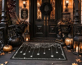 Black Spiderweb Indoor or Outdoor Rug, Halloween Patio Rug, Gothic Spider Decor
