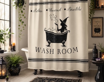 Witch Shower Curtain | Relax Unwind Bewitch Bathroom Decor | Gothic Wash Room Curtain