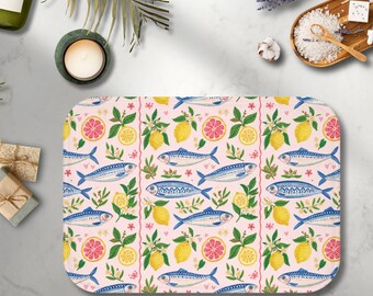 Pink Sardine & Lemon Bath Mat, Coastal Cottage Bathroom Rug, Mediterranean Fish Decor, Non Slip Bath Rug