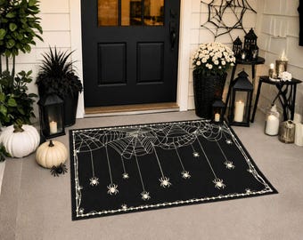 Black Spiders & Webs Outdoor Rug, Halloween Patio Rug, Gothic Spider Decor, Indoor or Outdoor
