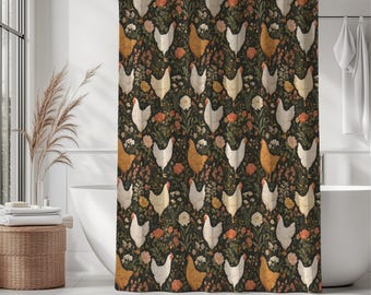 Chicken Shower Curtain and Bath Mat Set, Floral Hens Farmhouse Bathroom Decor, Country Farm Bathroom Accent