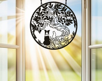 Tree of Life Dog & Cat Metal Wall Art, Border Collie and Cat Sign, Indoor or Outdoor Home Decor, Pet Memorial