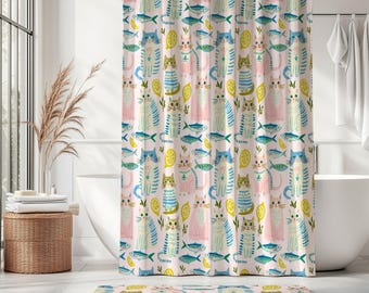 Pink Cats Bathroom Set | Cat Shower Curtain & Bath Mat | Sardine Lemon Decor | Cottagecore Coastal Bath Accessories