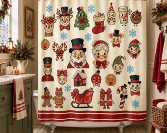 Vintage Christmas Shower Curtain, Retro Christmas Bathroom Decor, Santa Claus Shower Curtain, Holiday Decor