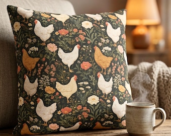 Floral Chicken Pillow Cover, Cottagecore Farmhouse Throw Pillow, Country Farm Decor, Grandmillennial Chicken Pillow, Outdoor Pillow