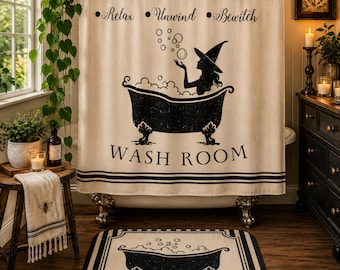 Witchy Bathroom Shower Curtain and Bath Mat, Vintage Inspired Witch Decor, Gothic Bath Accessories