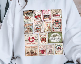 Vintage Christmas Shirt, Womens Christmas Sweatshirt, Holiday Stamps Shirt