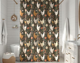 Farmhouse Chicken Shower Curtain, Cottagecore Floral Bathroom Decor, Country Farmhouse Bath Accessory