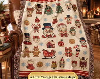 Vintage Christmas Woven Blanket, Retro Christmas Throw, Santa Claus Holiday Blanket, Cozy Christmas Home Decor