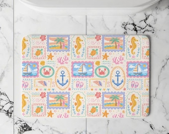 Beach Memories Coastal Bath Mat, Pastel Nautical Bathroom Rug, Beach House Decor, Seaside Bath Rug