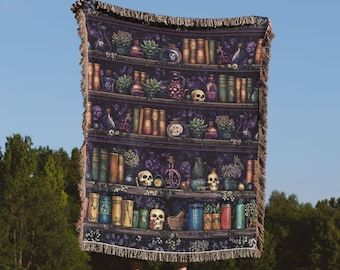 Skull Bookshelf Woven Blanket, Dark Academia Blanket, Gothic Apothecary Throw, Witchy Home Decor