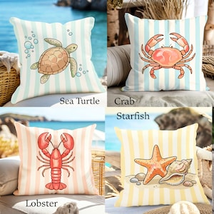 Coastal Throw Pillow Collection, Beach House Decor, Sea Turtle, Crab, Lobster, Starfish & Shell Pillows, Cushion Covers, Indoor / Outdoor