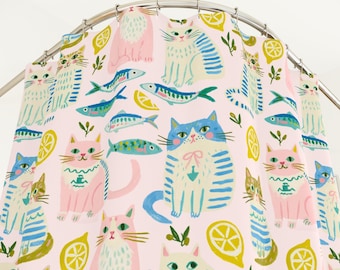 Pink Cats & Sardines Shower Curtain | Whimsical Coastal Cat Bathroom Decor | Cottagecore Bath Curtain