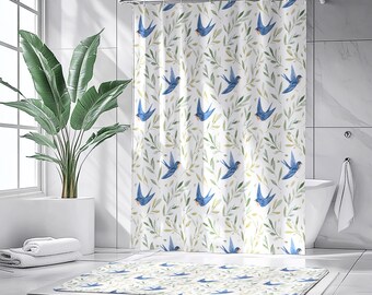 Bluebird Bathroom Set | Shower Curtain & Rug | Cottagecore Bathroom Decor | Botanical Farmhouse Bath Accessories