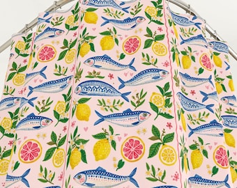 Pink Sardine & Lemon Shower Curtain, Mediterranean Coastal Bathroom Decor, Italian Summer Citrus Bath, Amalfi Coast Cottagecore Decor