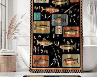 Trout Fishing Shower Curtain & Bath Mat, Rustic Cabin Bathroom Decor, Lake House Bath Accessories