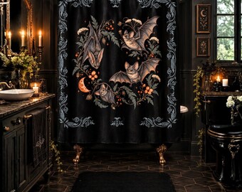 Gothic Bat Shower Curtain, Vintage Halloween Bathroom Decor, Black Botanical Shower Curtain, Dark Academia Bath