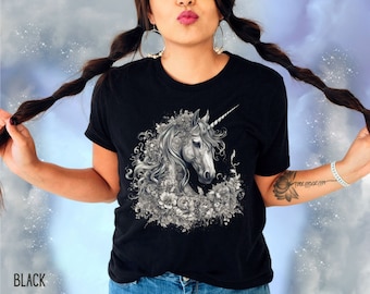 Magical Unicorn Shirt, Cottagecore Mystical Floral Unicorn T-shirt, Whimsigoth Celestial Unicorn Fairycore Shirt, Green Witch Shirt