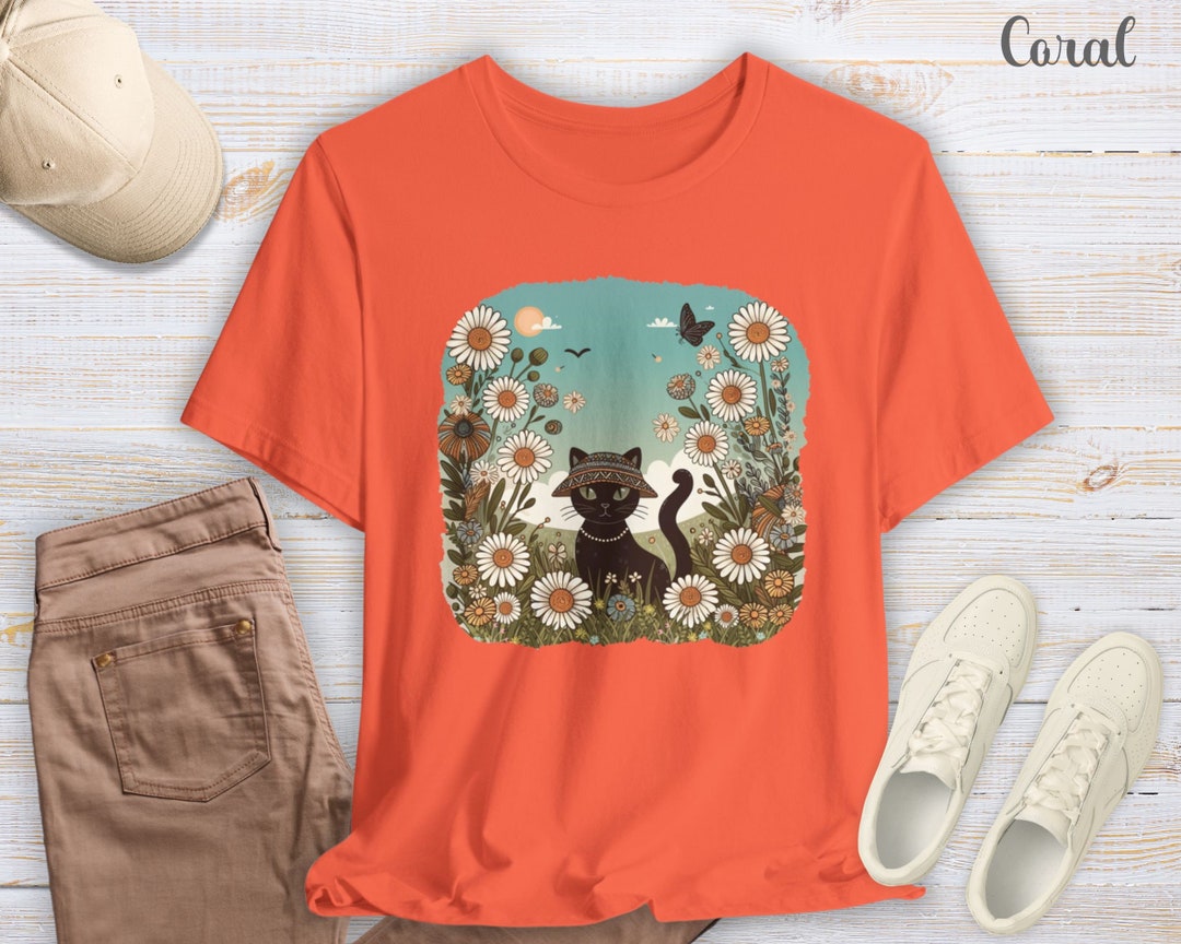 Cute Black Cat T-shirt, Cat and Flowers, Gift Shirt for Gardener ...