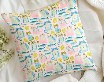 Cats & Sardines Throw Pillow | Pink Coastal Cottage Cat Pillowcase | Indoor Outdoor Pillow | Beach House Accent | Lumbar Cushion