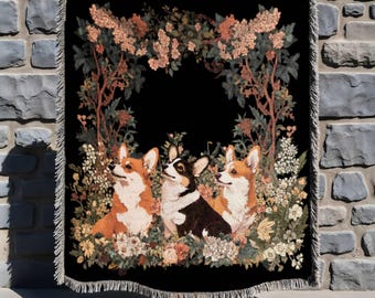 Corgi Floral Woven Blanket, Cottagecore Dog Throw, Vintage Garden Corgi Tapestry, Pet Lover Gift