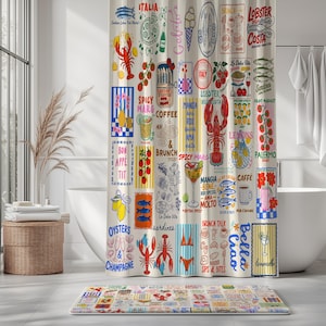 May include: A beige shower curtain and matching bath mat featuring colorful Italian-themed illustrations. The design includes images of lobsters, lemons, sardines, and text like "Ciao Bella" and "Spicy Marg".