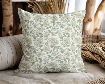 Vintage Garden Floral Throw Pillow | Sage Green Cottage Pillow | Neutral Botanical Cushion Cover | Farmhouse Decor | Cover or Insert