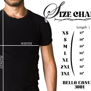 Puede incluir: Tabla de tallas para camisetas Bella Canvas 3001. La tabla muestra las medidas de longitud y ancho en pulgadas para las tallas XS a 3XL.
