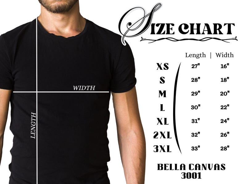 Puede incluir: Tabla de tallas para camisetas Bella Canvas 3001. La tabla muestra las medidas de longitud y ancho en pulgadas para las tallas XS a 3XL.