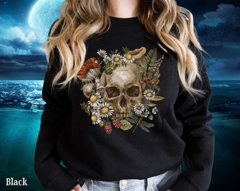 Skull Shirt, Goth Skull Sweatshirts, Skeleton Shirt, Gothic Floral Witchy Mushroom Shirt, Womens Fall Flower Shirt, Dark Arts Apparel