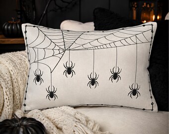 Halloween Spider Pillow, Spider Web Lumbar Pillow, Black & Cream Spider Decor, Minimalist Halloween Pillow
