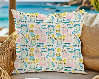 Pink Coastal Cottage Cat Pillowcase | Cats & Sardines Throw Pillow | Indoor Outdoor Pillow | Lumbar Cushion