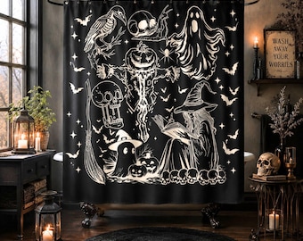 Vintage Halloween Illustration Shower Curtain | Black Witchy, Ghosts, Skulls, Jack O Lanterns Bathroom Decor