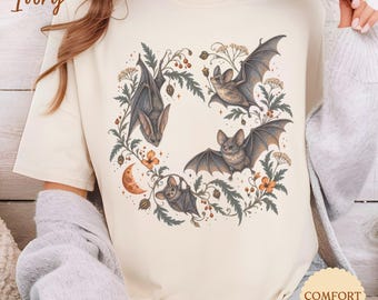 Vintage Bat Shirt, Gothic Halloween T Shirt, Botanical Bat Tee, Witchy Dark Cottagecore Shirt
