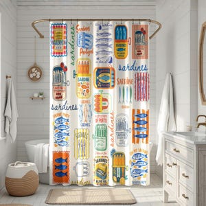 May include: A white shower curtain with a repeating pattern of colorful sardine cans and fish illustrations. The curtain features text such as "sardines", "Portugal", and "olive oil". The design includes blue, orange, yellow, and red accents.