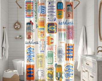 Whimsical Sardine Shower Curtain | Coastal Fish Bathroom Decor, Mediterranean Style Bath Curtain