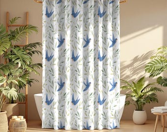 Bluebird Shower Curtain | Watercolor Bird Bathroom Decor | Cottagecore Bath Curtain | Spring Home Decor