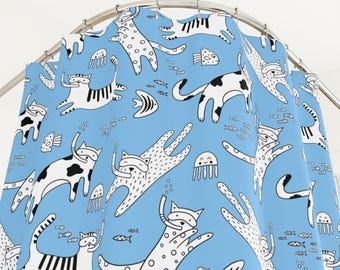 Scuba Cat Shower Curtain | Funny Underwater Cat Bathroom Decor | Blue Coastal Bathroom Curtain | Cute Ocean Cat Bath Decor