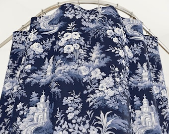 Navy Blue Toile Shower Curtain | French Country Bathroom Decor | Vintage Floral Cottage Bath Curtain | Grandmillennial Blue & White Bathroom