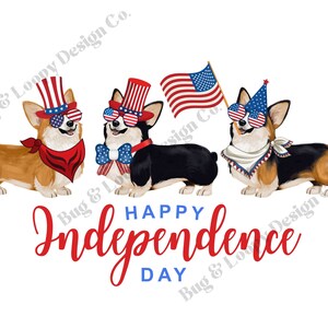 May include: Three corgi dogs wearing red, white, and blue patriotic hats and sunglasses. The dogs are standing in a row with an American flag behind them. The text "Happy Independence Day" is written below the dogs.