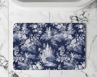Navy Blue Toile Bath Mat | French Country Bathroom Rug | Vintage Floral Bathroom Decor | Grandmillennial Bath Rug