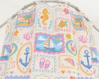 Seaside Memories Coastal Bathroom Set, Vintage Pastel Shower Curtain and Bath Mat, Beach House Bath Decor