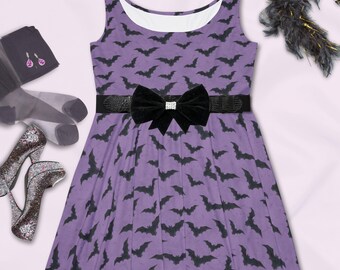 Halloween Bat Pattern Skater Dress - Women's Goth Flare Dress
