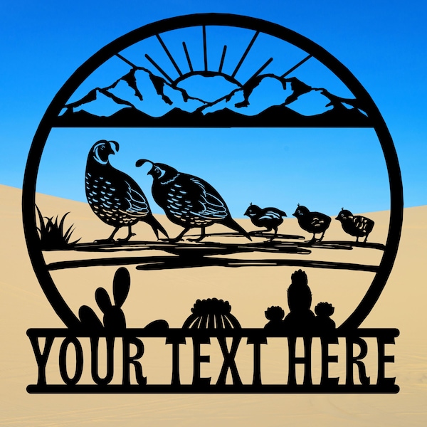 Personalized Quail Sign, Customizable Metal Wall Art, Desert Quail Family Wall Hanging, Quail Address Sign, Southwestern Patio Decor