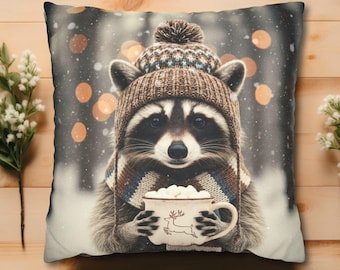 Raccoon Pillow, Woodland Animal Pillowcase, Woven Home Decor