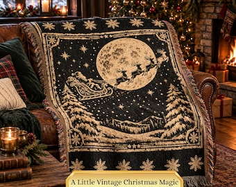 Christmas Woven Blanket, Santa Sleigh Moon Blanket, Reindeer Christmas Throw, Cozy Winter Home Decor