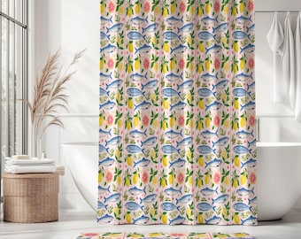 Pink Sardines and Lemons Shower Curtain and Bath Mat Set, Mediterranean Coastal Bathroom Decor, Italian Summer Citrus Home Decor